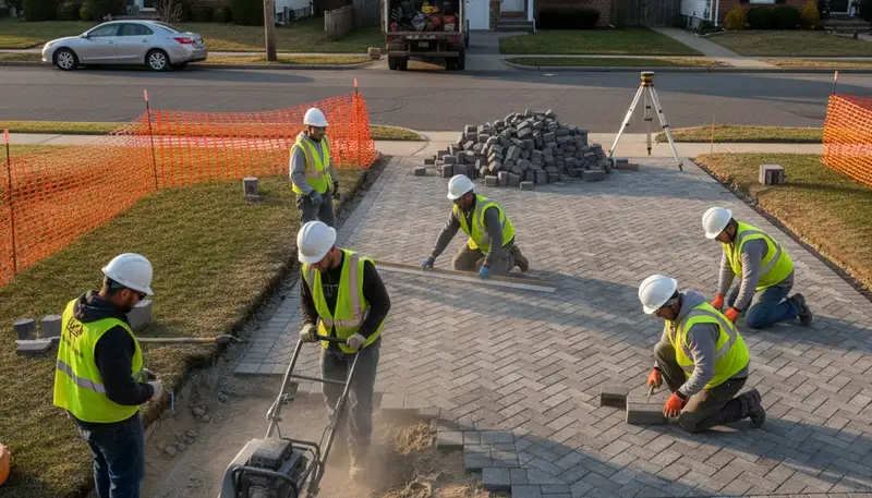 Professional crew installing driveway pavers in Staten Island NY with precise base prep and leveling