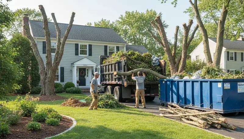 Technicians performing yard debris and branch removal at a Staten Island, NY residential property