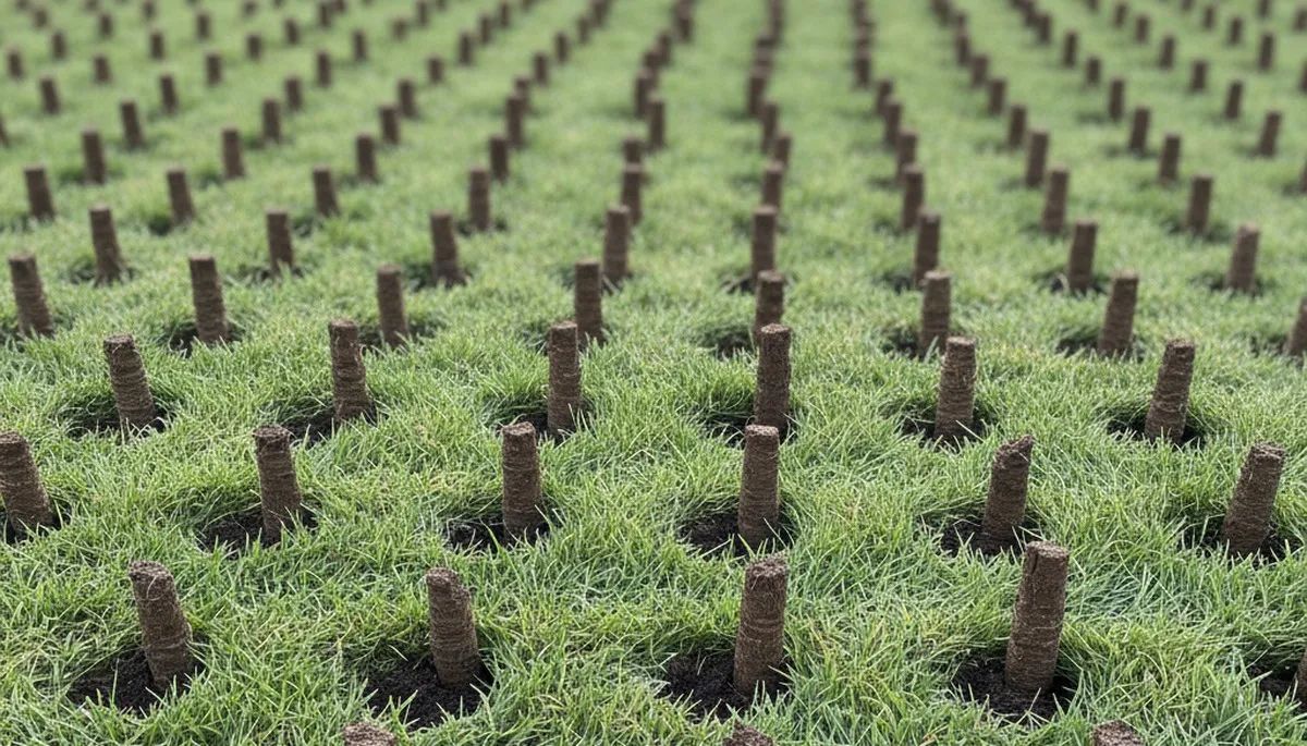 Close-up of soil core plugs from professional lawn aeration in Staten Island, NY turfgrass lawn