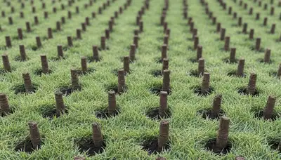 Close-up of soil core plugs from professional lawn aeration in Staten Island, NY turfgrass lawn