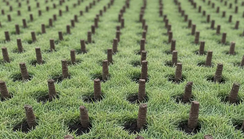 Close-up of soil core plugs from professional lawn aeration in Staten Island, NY turfgrass lawn