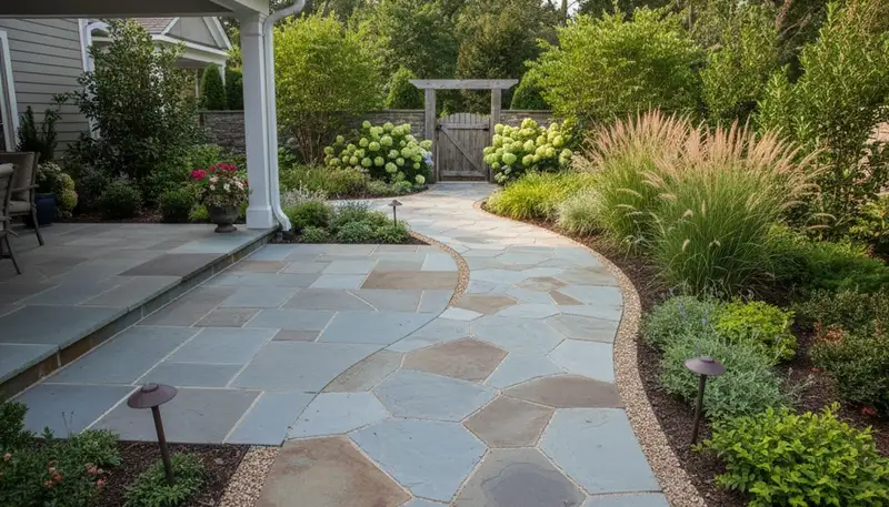 Curved stone paver walkway in landscaped yard, professionally installed in Staten Island, NY