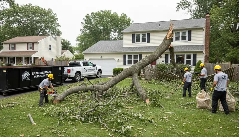 Storm damage cleanup crew clearing fallen branches and debris in Staten Island NY yard restoration