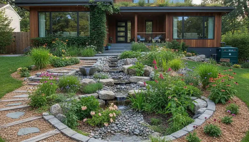 Rain garden with natural filtration and water recycling by Chop Chop Landscaping in Staten Island, NY