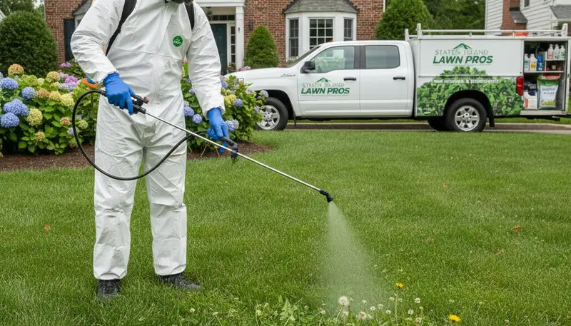 Lawn care specialist applying targeted weed control spray on residential lawn in Staten Island, NY