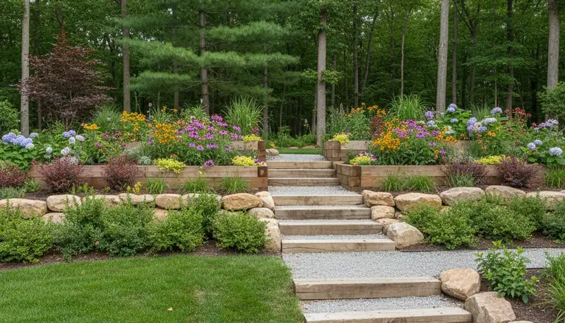 Terraced garden with timber steps and native plant landscaping in Avenel, NJ by Staten Island landscapers