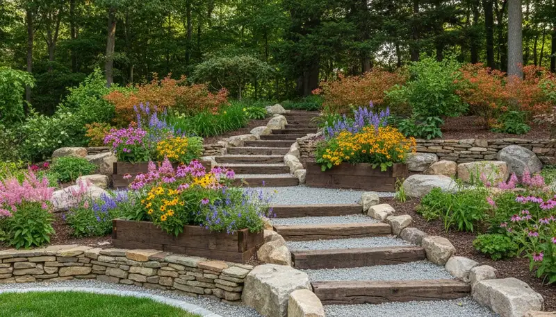 Terraced garden with timber steps and native plants by Staten Island, NY landscaping professionals
