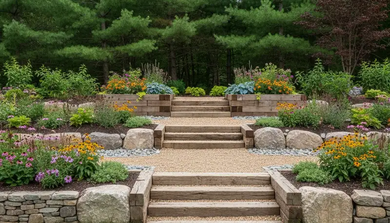 Terraced garden with timber steps and native plants on sloped yard in Carteret, NJ by Staten Island landscapers