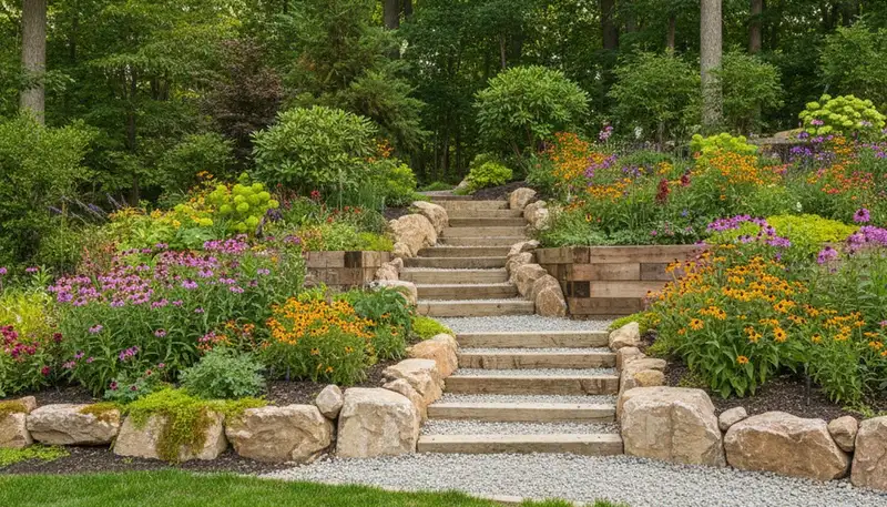 Terraced garden with timber steps and native plants by landscaping experts in Elizabeth, NJ