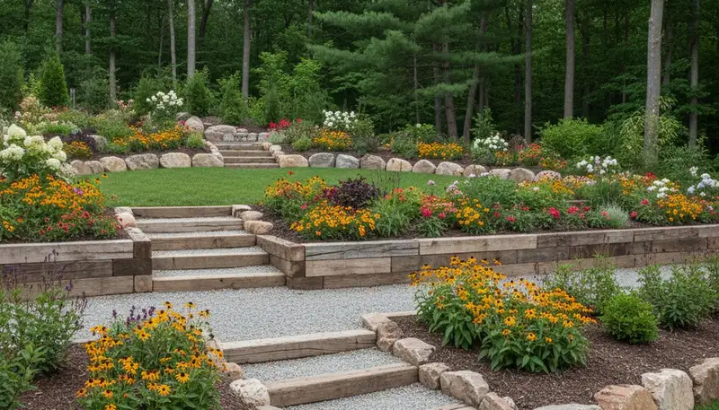 Terraced garden with timber steps and native plants by landscaping pros in Elizabethport, NJ