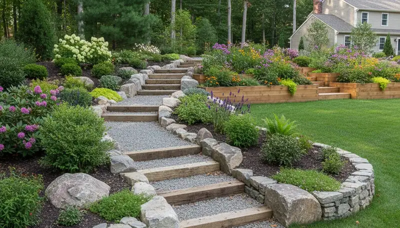 Terraced garden with timber steps and native plants by landscaping experts in Linden, NJ near Staten Island, NY