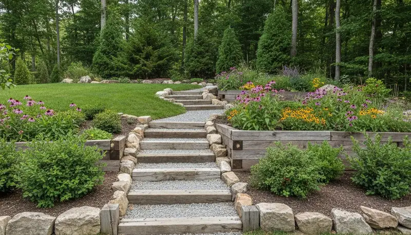 Terraced garden with timber steps and native plants by Staten Island NY landscaping experts