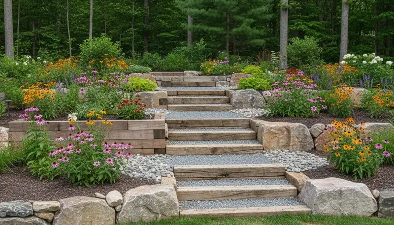 Terraced garden with timber steps and native plants by Staten Island, NY landscapers enhancing sloped yards