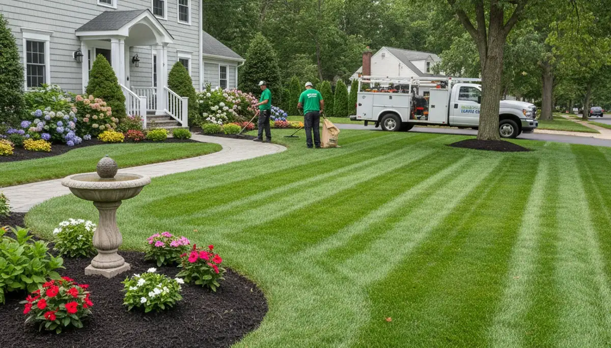 Lush green lawn and tidy landscape at a Staten Island NY home maintained by professional landscapers