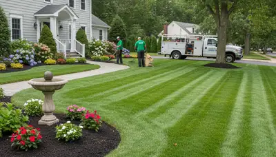 Lush green lawn and tidy landscape at a Staten Island NY home maintained by professional landscapers