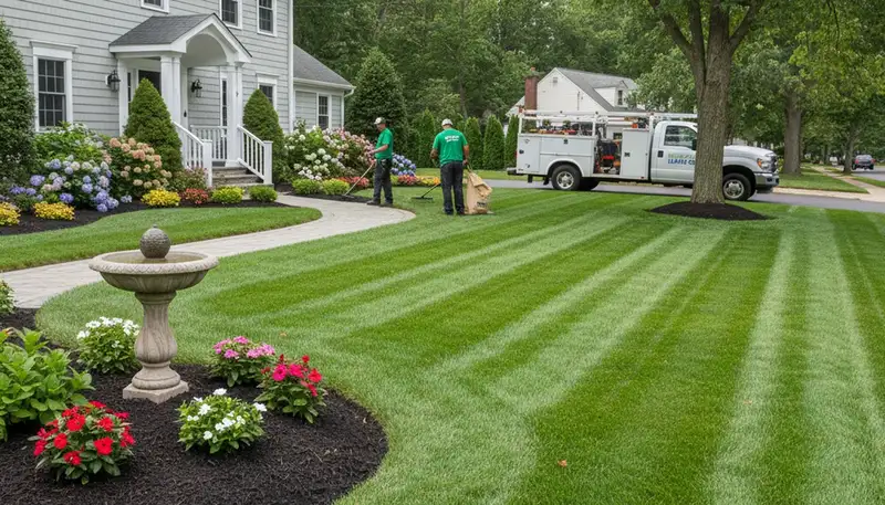 Lush green lawn and tidy landscape at a Staten Island NY home maintained by professional landscapers